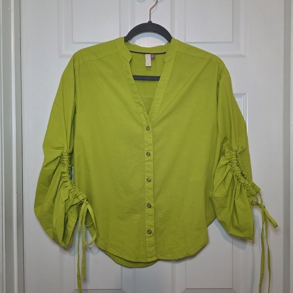 Pilcro Anthropologie Drawstring Chartreuse Poplin Button Blouse Womens XXS - Picture 4 of 14